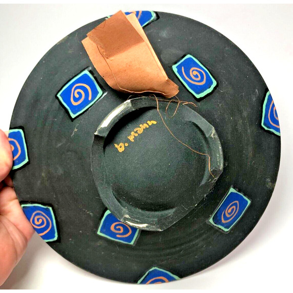 Barbara Mann Made Designs Fun 8" Matte Pottery Bowl Purple Chicklets Copper Leaf - Picture 4 of 8